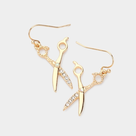 Gold Scissor Shaped Rhinestone Crystal Dangle Earrings Fashion Statement Jewelry - Picture 1 of 2